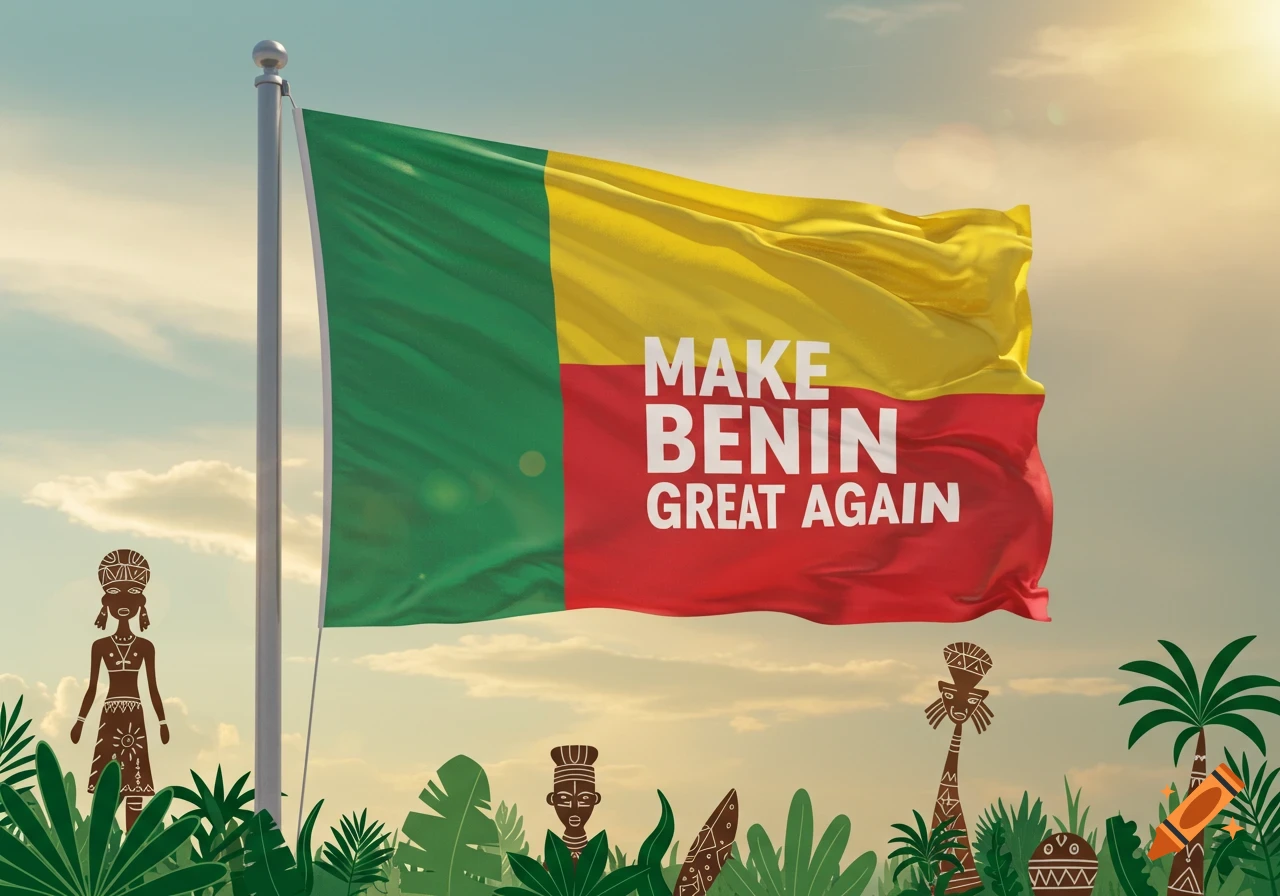 Flag of Benin with 'MAKE BENIN GREAT AGAIN' text, flying against a sunny sky, with stylized African figures and plants below.