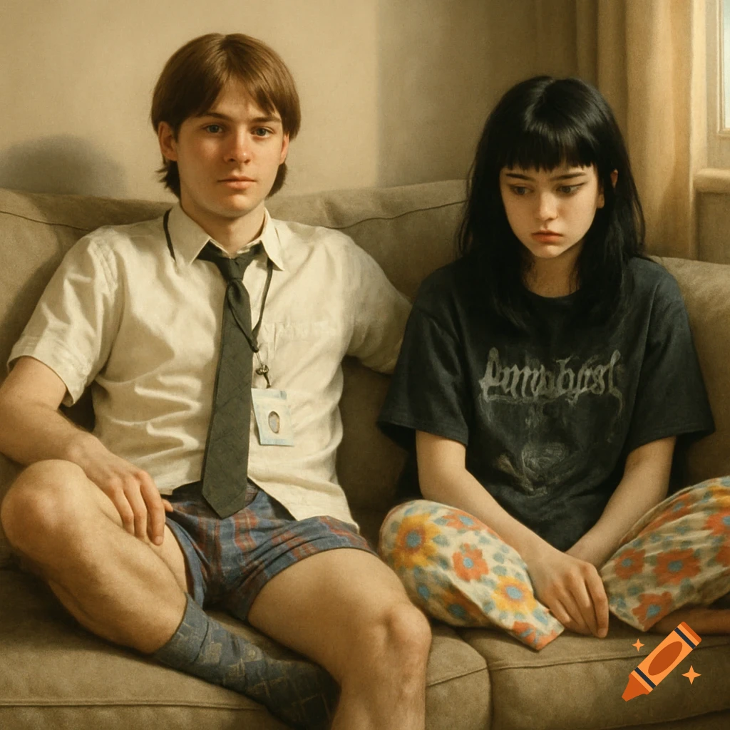 A young man and woman sit on a couch. The man wears a white shirt, tie, plaid shorts, and one argyle sock. The woman wears a dark t-shirt and floral pajama pants.