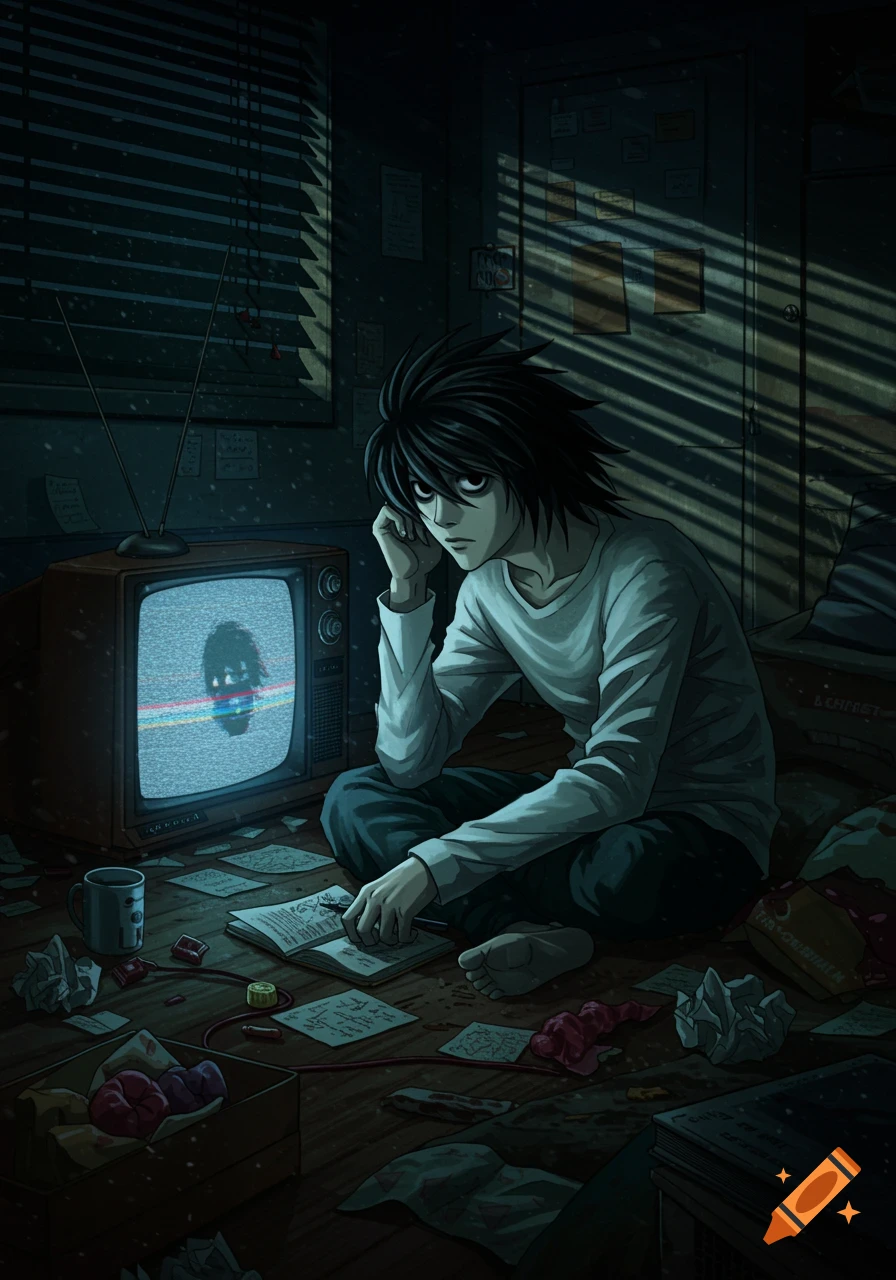 Anime character L Lawliet sits on the floor in a dark, messy