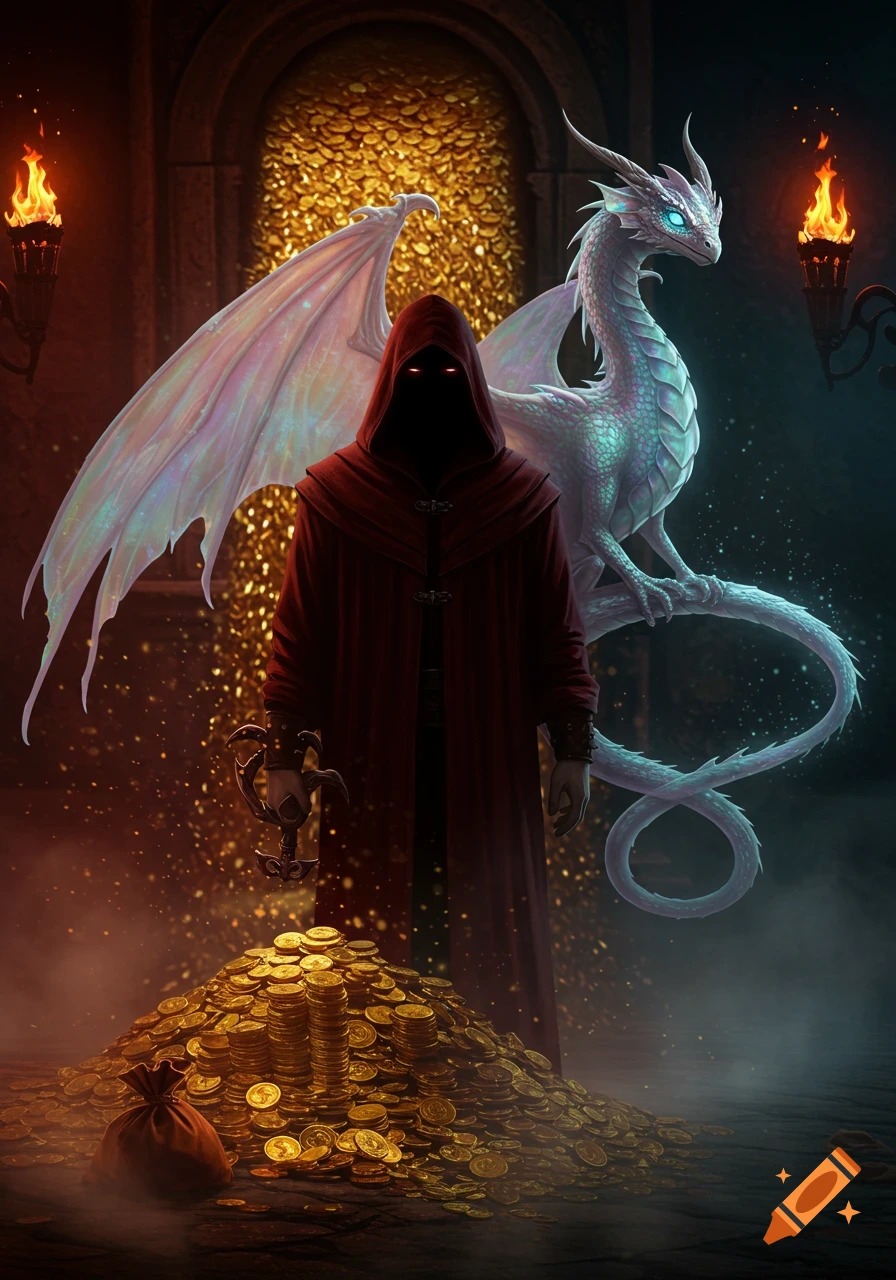 A mysterious hooded figure with glowing red eyes stands before a pile of gold coins, accompanied by a white pseudo-dragon in a torch-lit dungeon.
