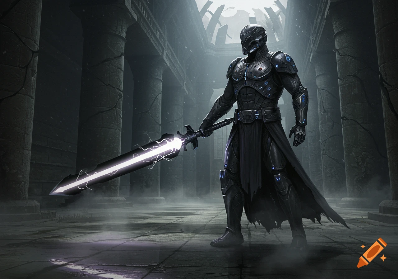 A figure in dark armored suit holding a glowing futuristic sword in a dark, ruined hall.