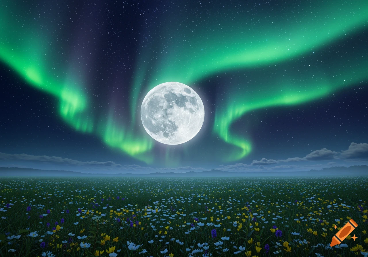 A vibrant field of colorful wildflowers under a starry night sky with a large full moon and green northern lights.