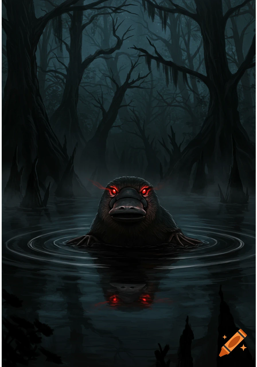 A menacing platypus with glowing red eyes stares from dark swamp waters, with shadowy trees in the background.