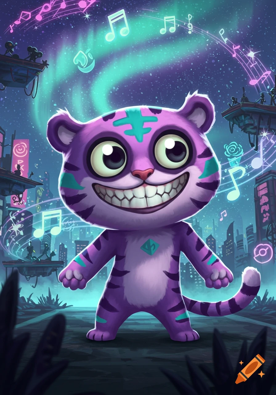 Vibrant cartoon purple tiger with a wide grin and big eyes, with teal stripes, in a neon city night with musical notes and aurora.