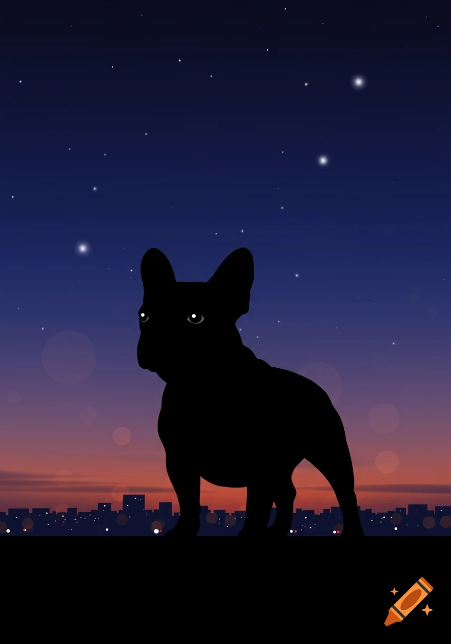 A black silhouette of a French bulldog stands on a rooftop overlooking a city skyline at night under a starry sky.