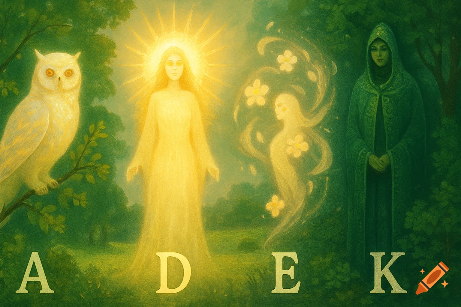 A mystical forest scene with an owl, a glowing woman, ethereal figures, and a hooded person, featuring large letters A, D, E, K.
