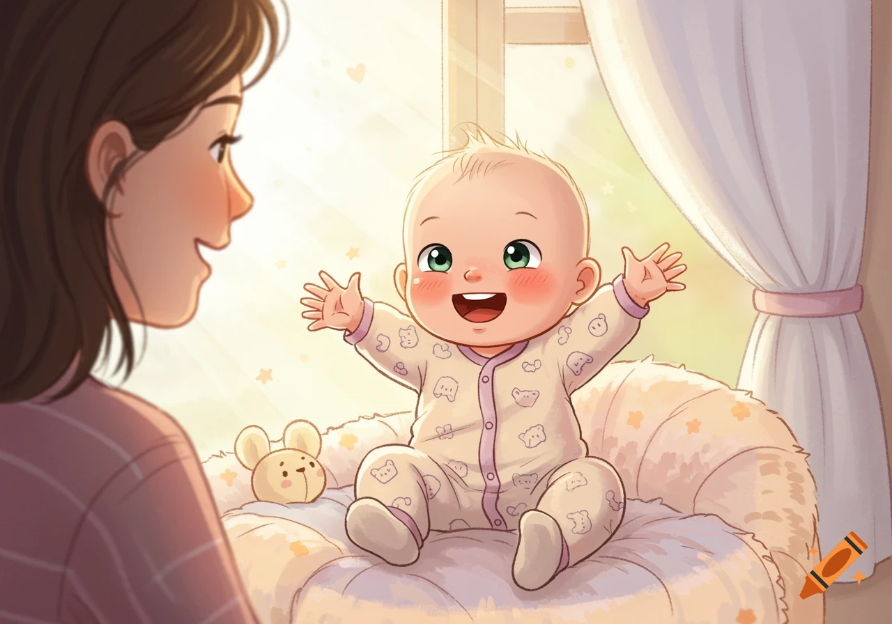 A happy cartoon baby with green eyes reaching out to its mother in a sunny room with a plush toy nearby.