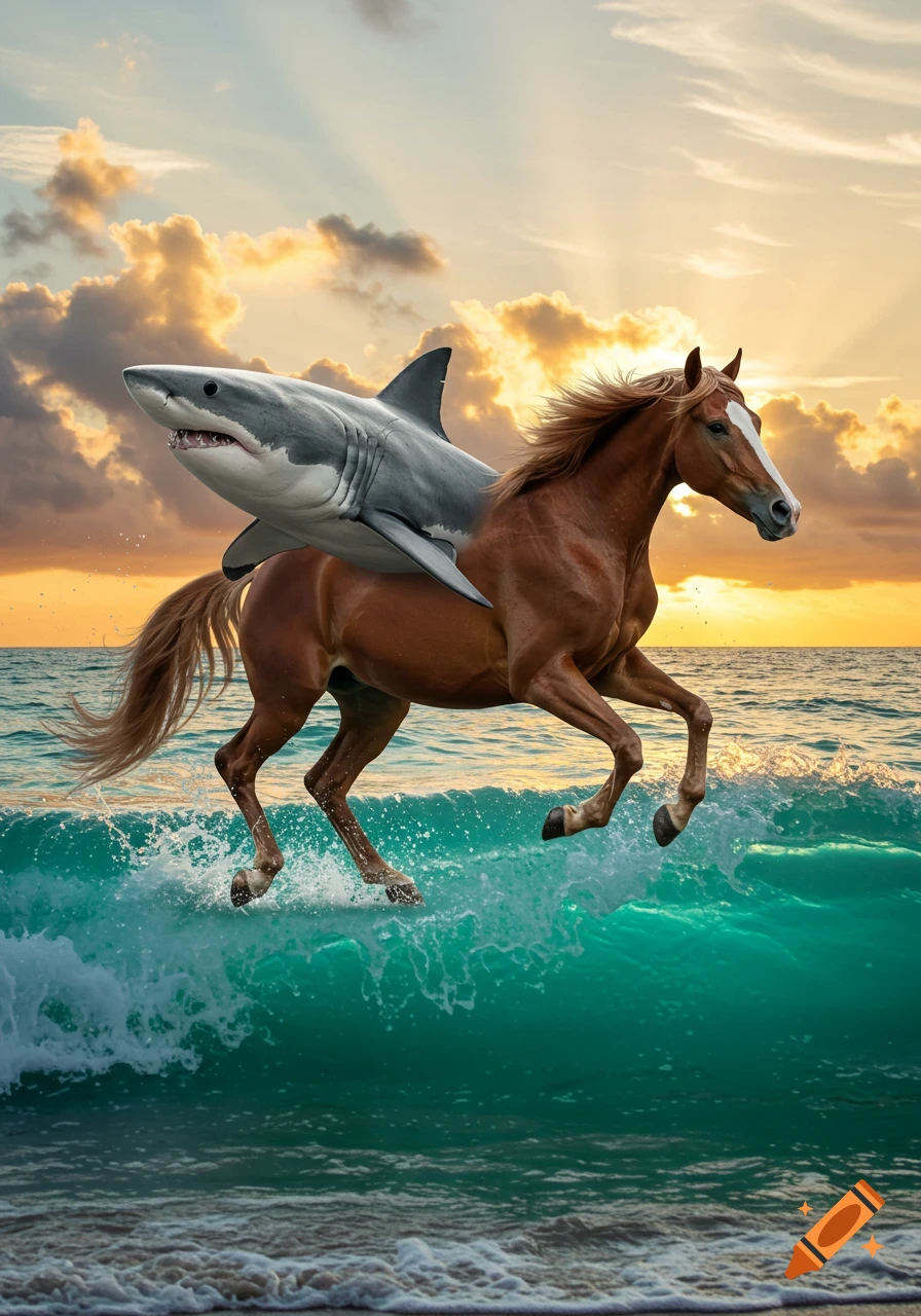 A photorealistic image of a horse galloping through ocean waves with a great white shark riding on its back at sunset.
