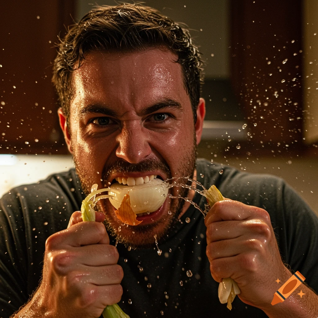 A close-up, dramatic shot of a man grimacing as he bites into a raw onion, with water and onion juice splashing around his face and the onion. Photorealistic.