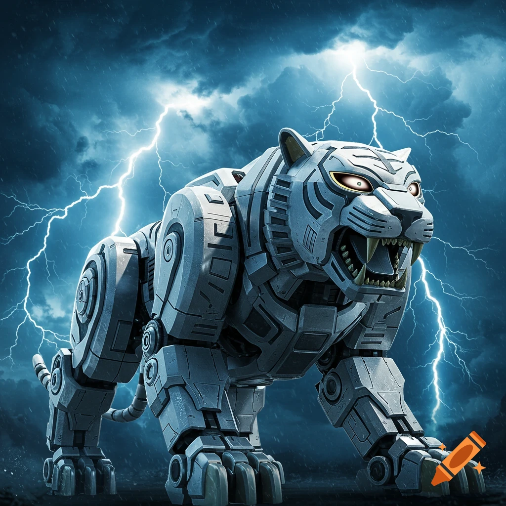 A white robotic tiger with glowing eyes stands in a stormy, lightning-filled landscape.