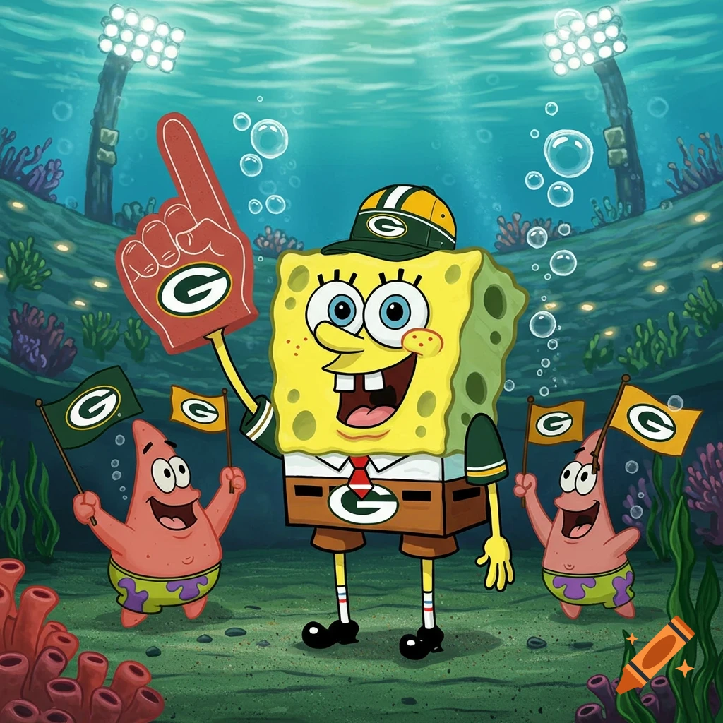 Cartoon SpongeBob and Patrick in Green Bay Packers fan gear, cheering in an underwater stadium.