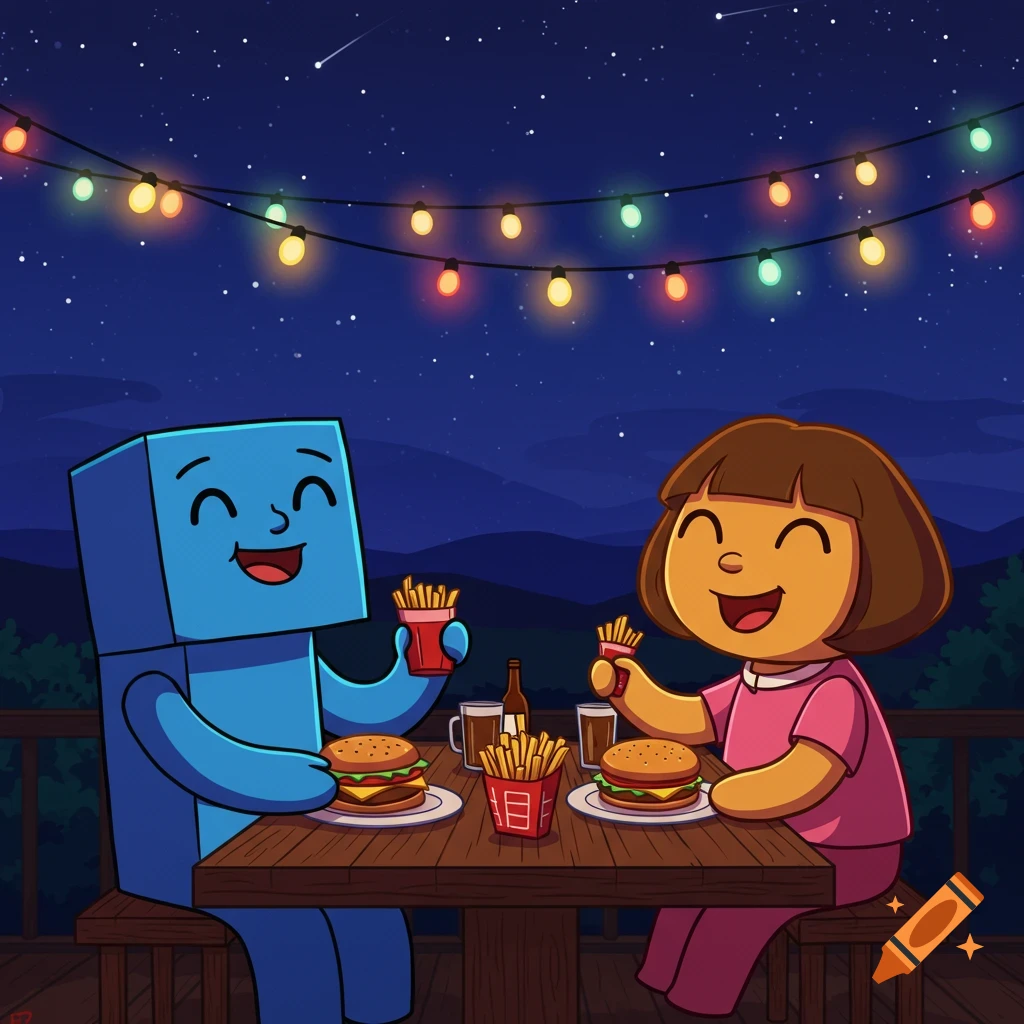 Cartoon characters David and Dora from BFDI are eating burgers and fries at a table outdoors under a starry night sky with string lights.