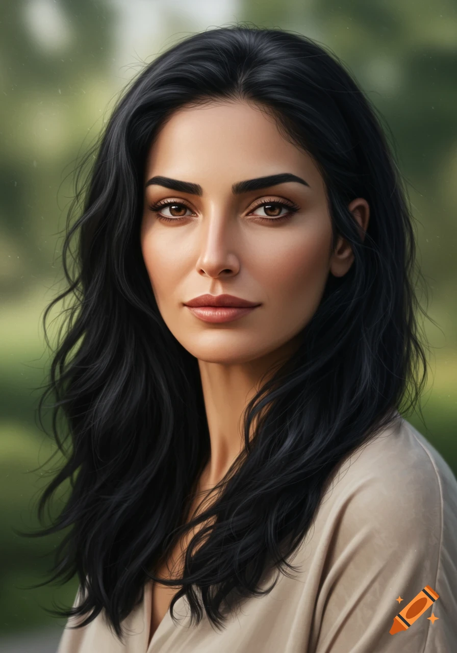 Photorealistic portrait of a woman with long black hair and brown eyes, looking calmly at the viewer with a blurred green background.