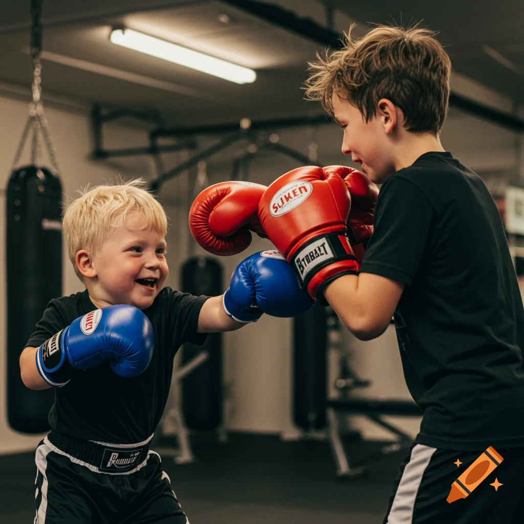 Two young boys in boxing gloves, one with blonde hair smiling, practicing in a gym.