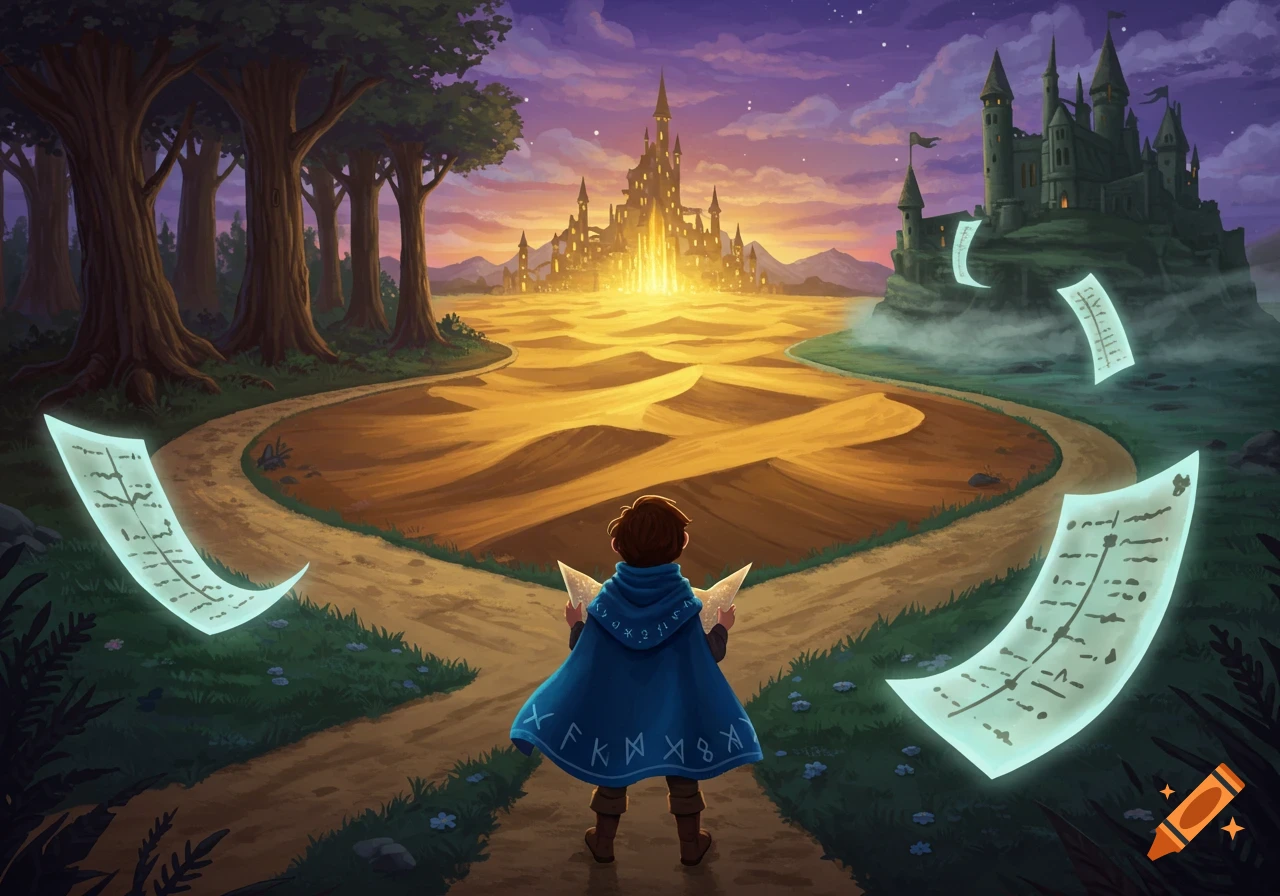A child in a blue cloak stands on a dirt path at a crossroads, looking towards a glowing castle in a desert landscape. Floating mystical papers and another castle on a hill are visible.