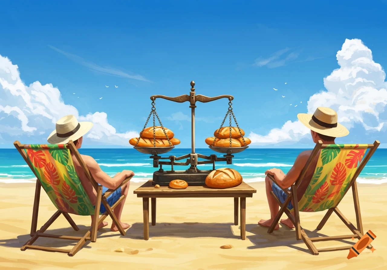 Two people in beach chairs on a sunny beach, facing a table with a scale balancing loaves of bread.
