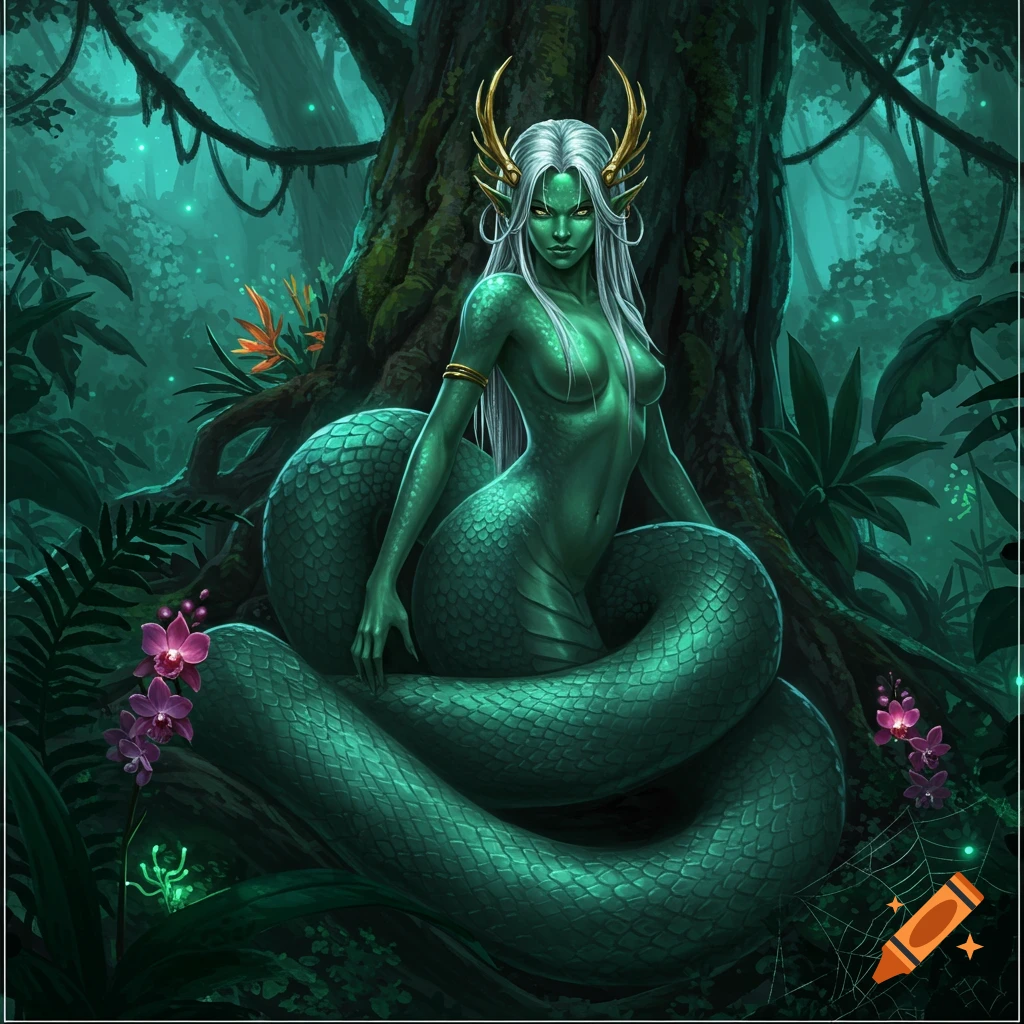 A green-skinned female vipress with white hair and golden horns sits coiled in a dark, glowing jungle.