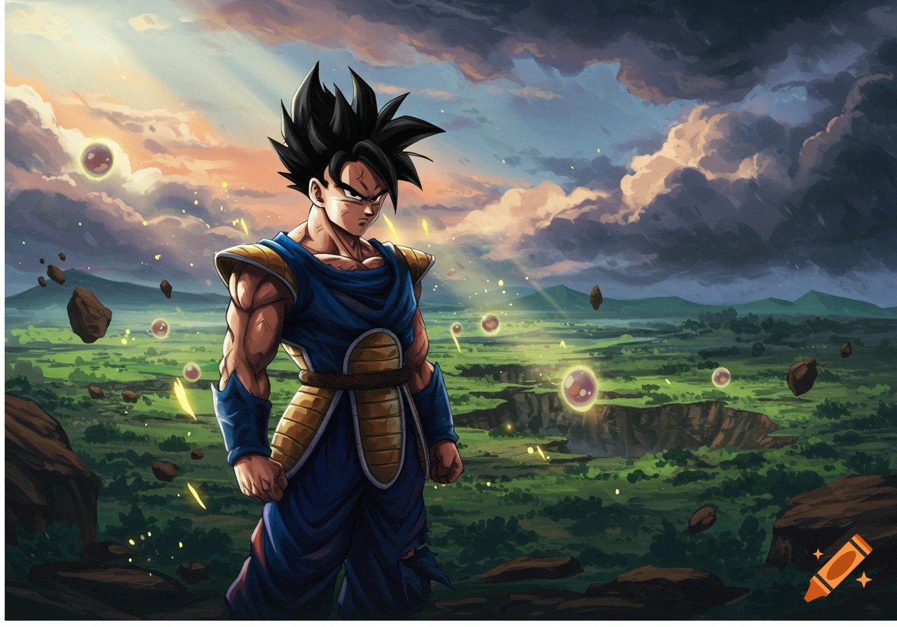 An anime character with spiky black hair and blue and gold armor stands in a vibrant green landscape with floating rocks and energy bubbles under a dramatic sky.