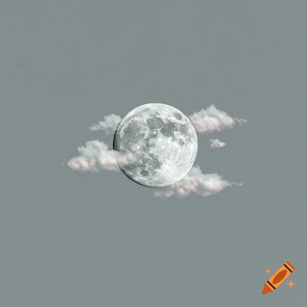 A full moon with visible craters, partially obscured by light clouds, against a plain gray sky.