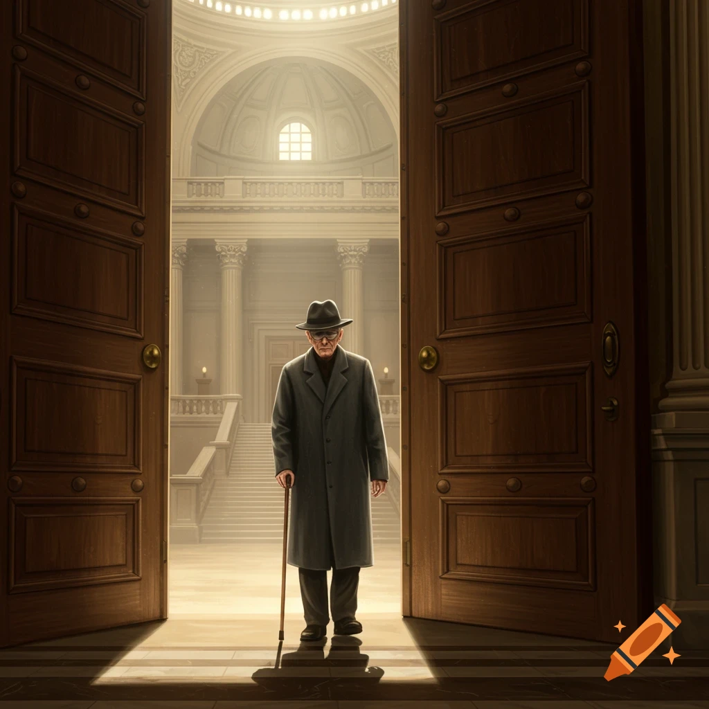 An old man in a trench coat and fedora walks through tall, open wooden doors into a grand, sunlit courtroom with columns and a domed ceiling.