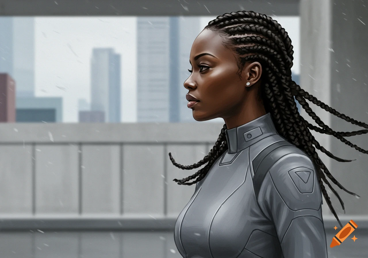 A side profile of a Black woman with braided hair wearing a grey futuristic uniform against a city skyline.
