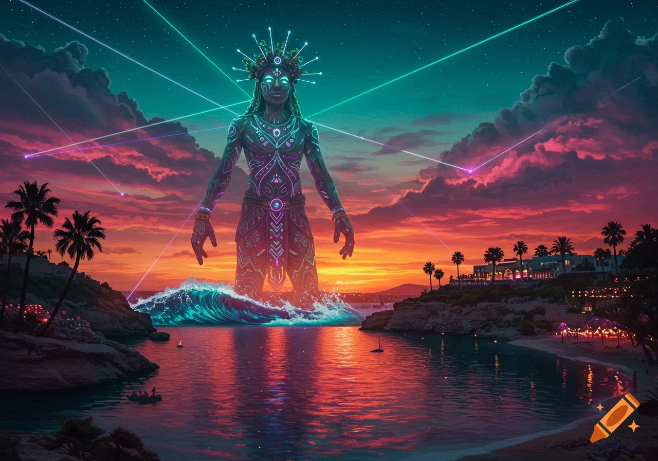A colossal glowing humanoid figure stands in a tropical ocean at sunset, with laser beams in the sky and a beach resort in the background.