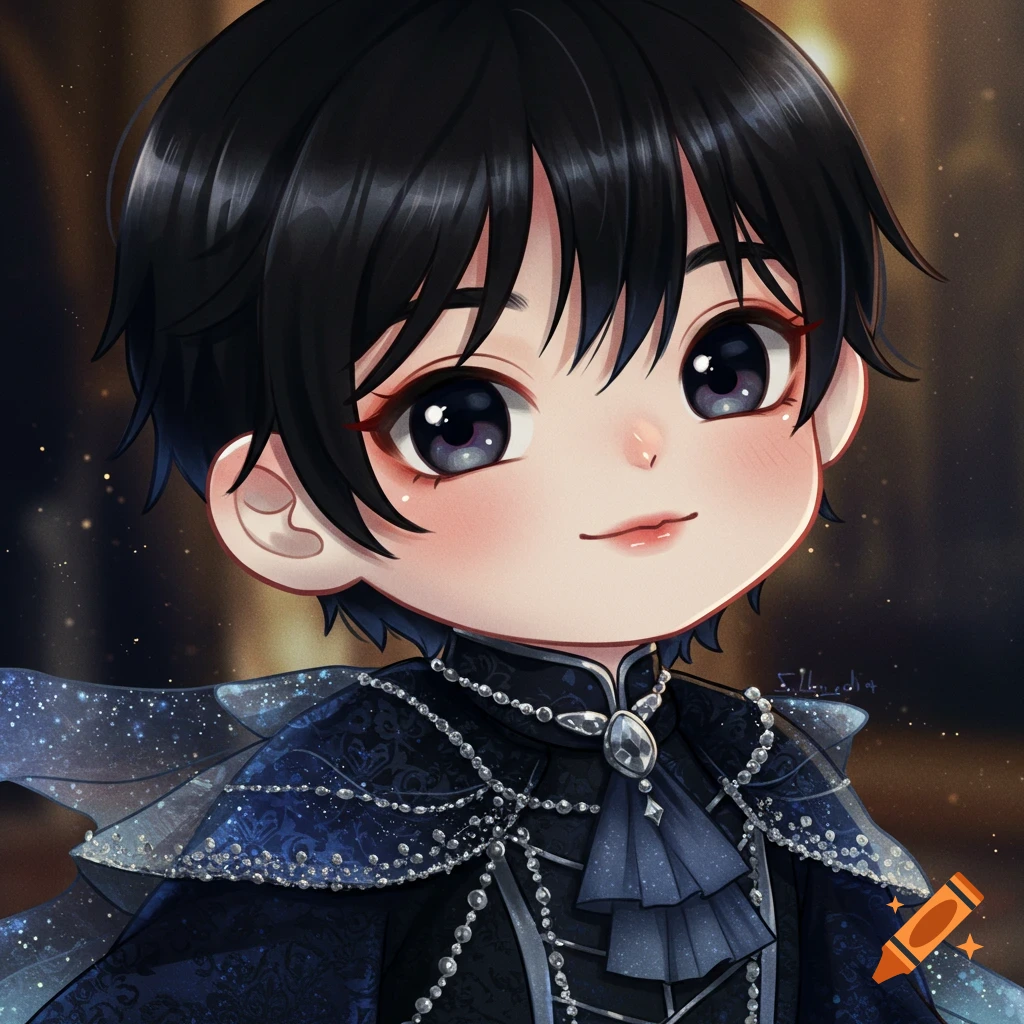 A cute anime boy with black hair and big eyes, wearing a dark blue fantasy outfit with sparkling details.