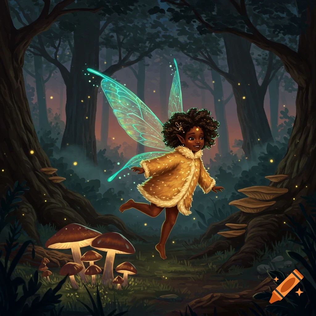 A cute dark-skinned fairy with curly hair and glowing wings, wearing a yellow coat, floats in a magical forest with glowing mushrooms.