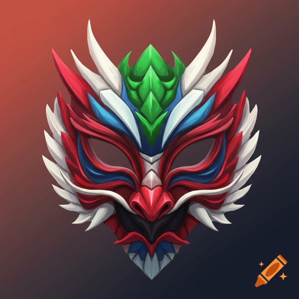 A vibrant, flat illustration of a dragon mask in red, blue, green, black, and white colors.