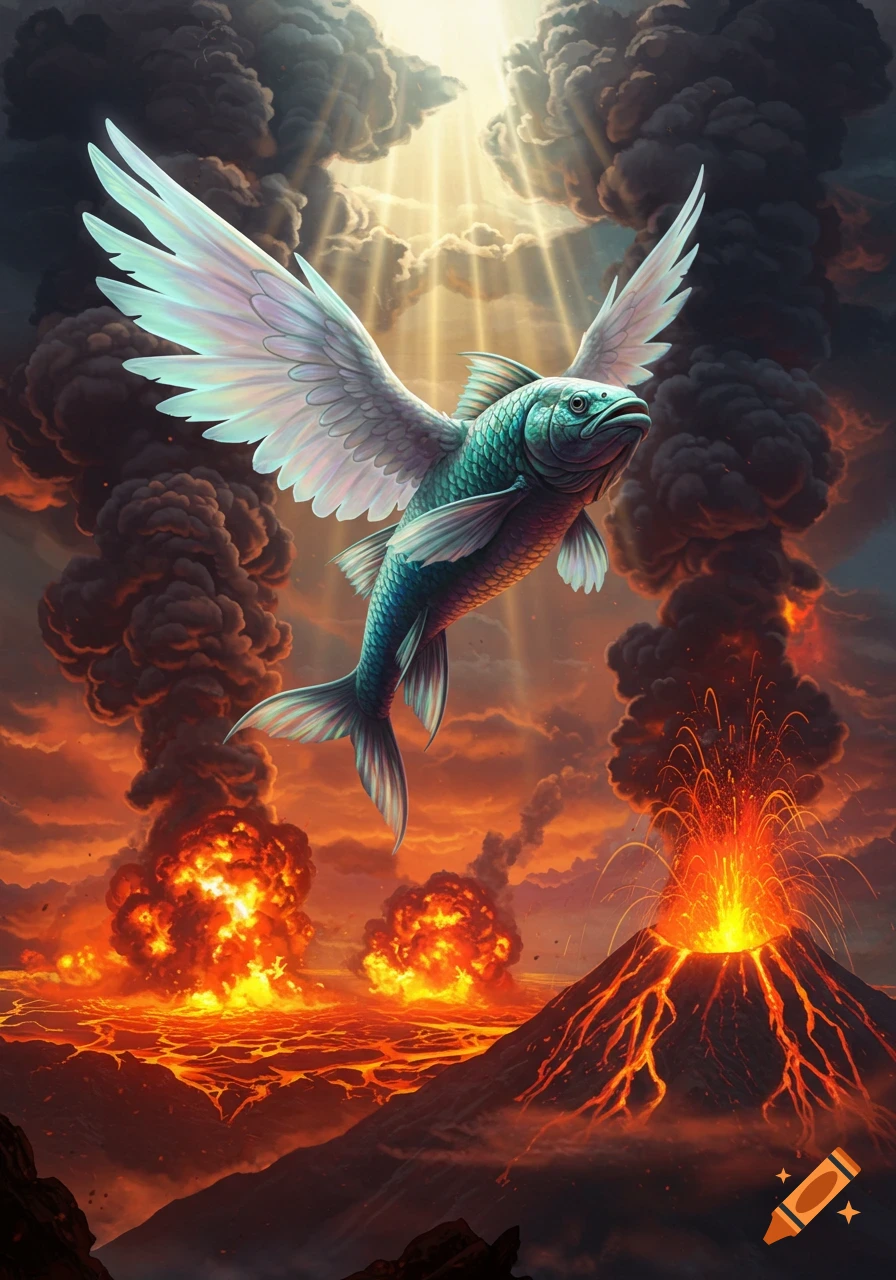 A teal winged fish flies majestically above an erupting volcano with lava flows and multiple explosions under a radiant sky.