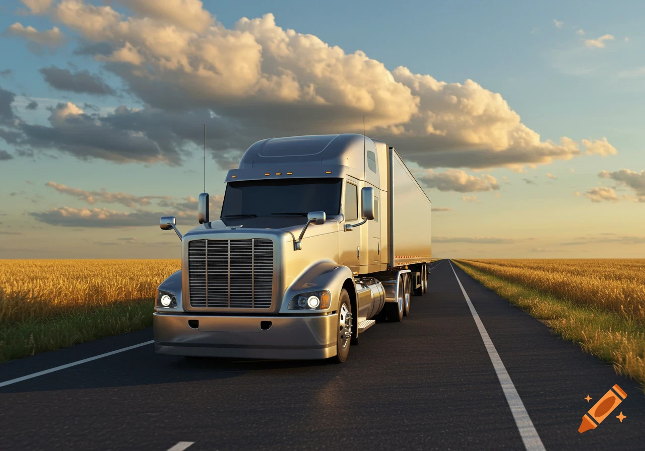 A silver semi-truck drives down a long asphalt road through golden fields under a cloudy sunset sky.