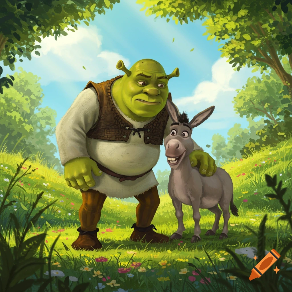 Shrek, a green ogre, stands with his arm around Donkey, a smiling gray donkey, in a lush green meadow with trees and flowers under a blue sky.