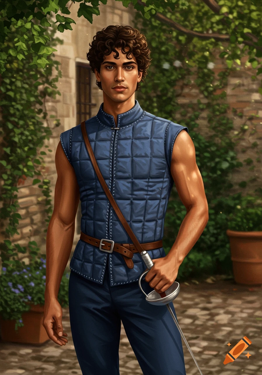 A young man with dark curly hair and tan skin stands in a courtyard, wearing a blue padded fencing doublet and holding a sword.