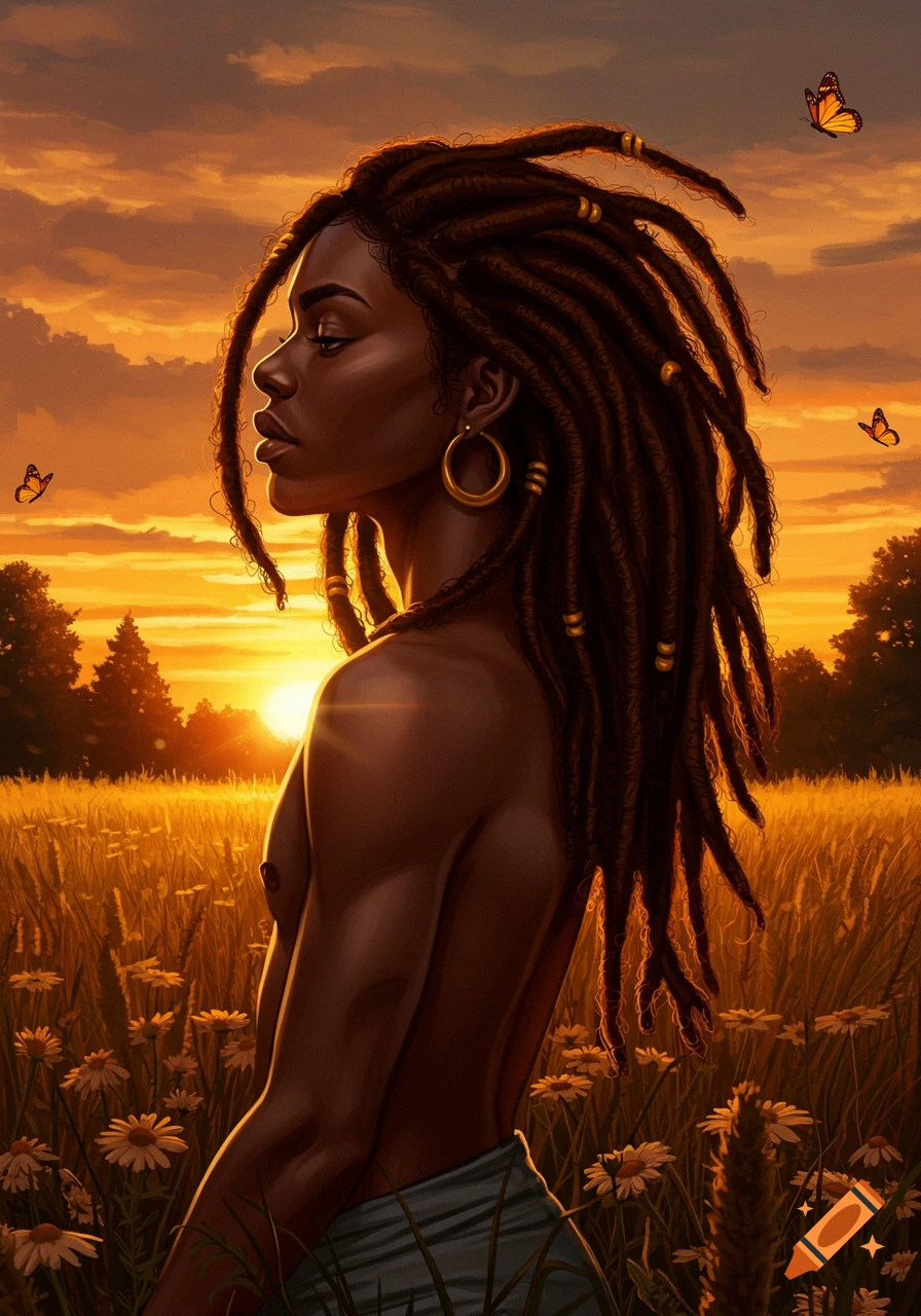 Artistic portrait of a person with dreadlocks, seen from the side, standing in a golden field with daisies at sunset with butterflies.