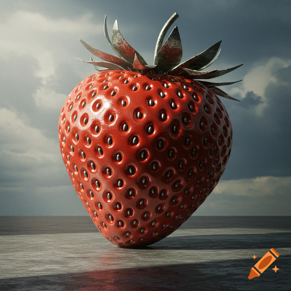 A large, photorealistic strawberry with a red body, metallic seeds, and iron-like stem, sits on a dark surface under a cloudy sky.