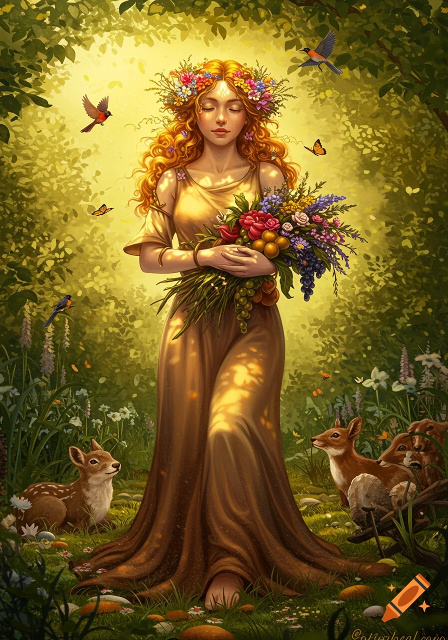 A vibrant illustration of a goddess-like woman with a floral crown, holding a bouquet, standing in a sunlit forest surrounded by animals.