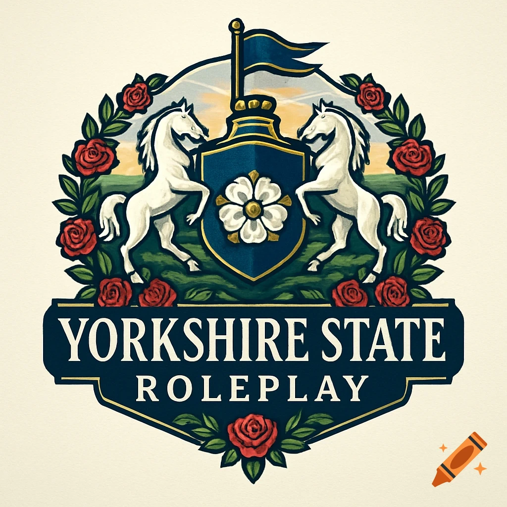 A detailed heraldic logo with two white horses, a shield with a white rose, red roses, and the text 'YORKSHIRE STATE ROLEPLAY'.
