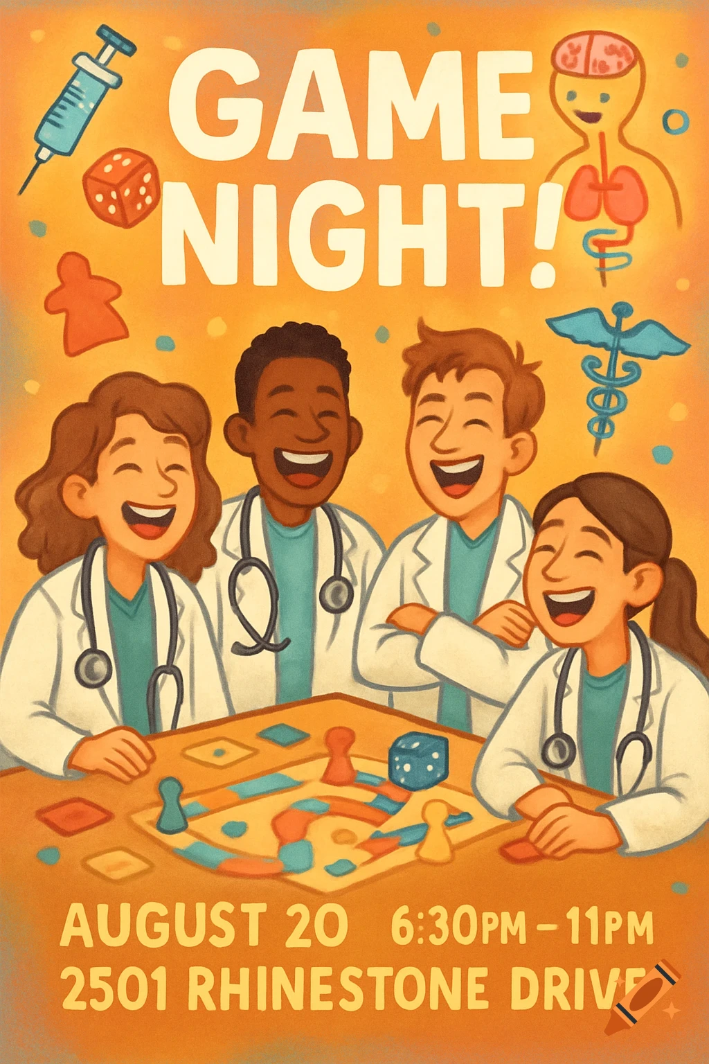 Cartoon illustration of four doctors playing a board game at a game night, with event details and medical symbols.