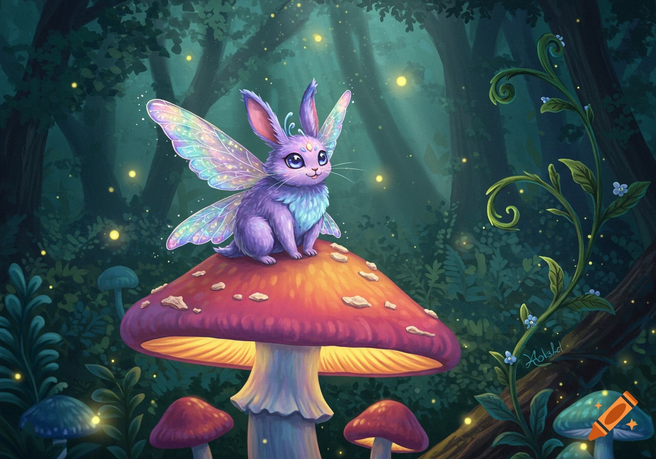 A purple, winged fairy rabbit with big eyes sits on a glowing red mushroom in a mystical forest filled with fireflies.