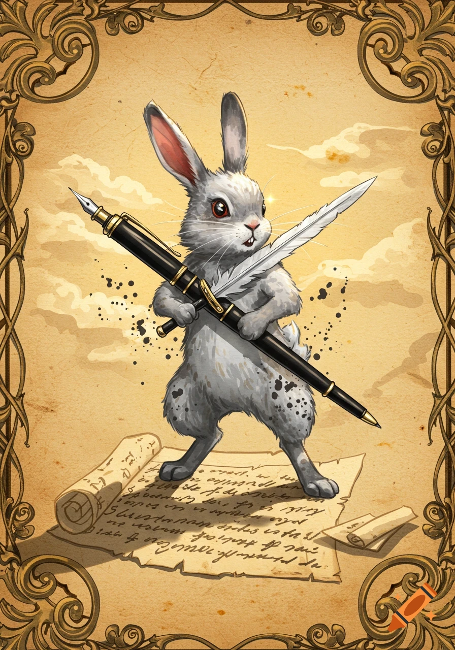 A cute gray rabbit stands on old scrolls, holding a large fountain pen and a quill like swords, within an ornate golden border.