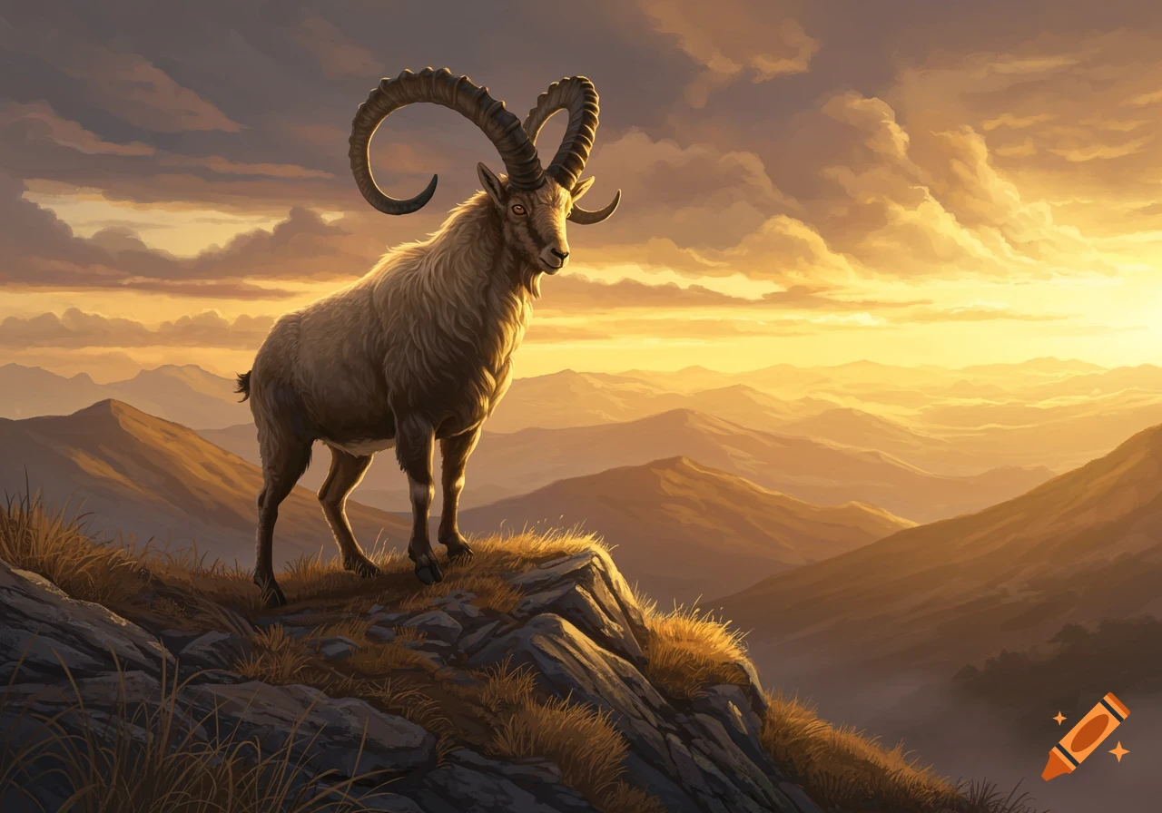 An ibex stands on a rocky mountain peak at sunset, with golden clouds and layered mountains in the background.