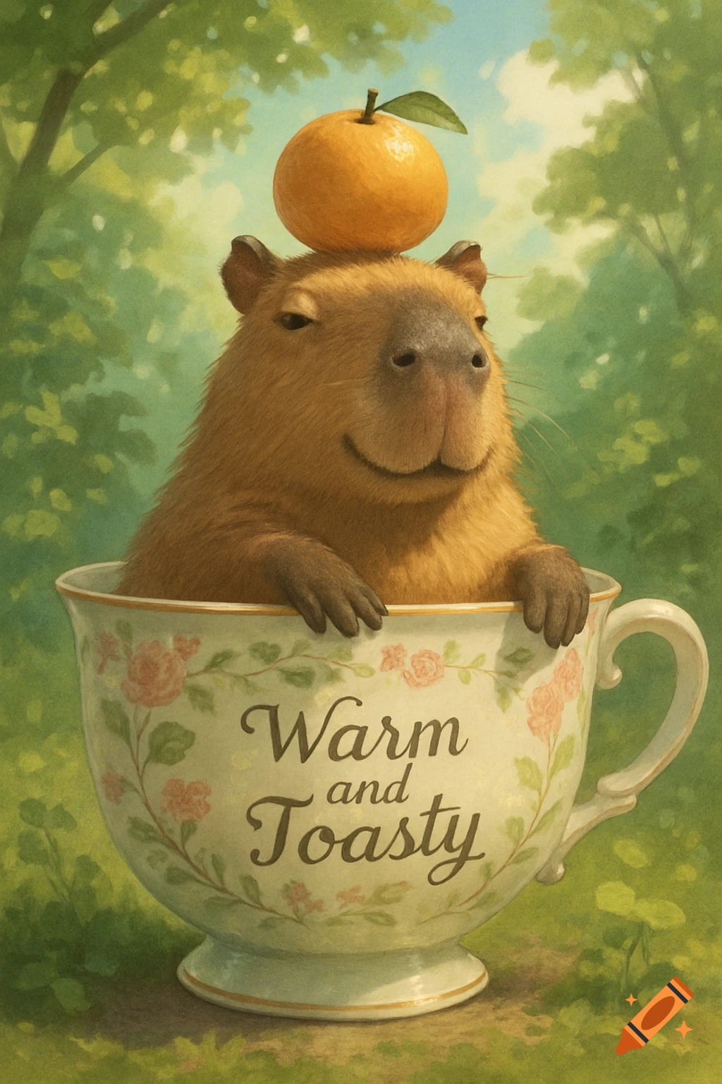 A cute capybara sits in a floral teacup with an orange on its head. The teacup reads 'Warm and Toasty'.