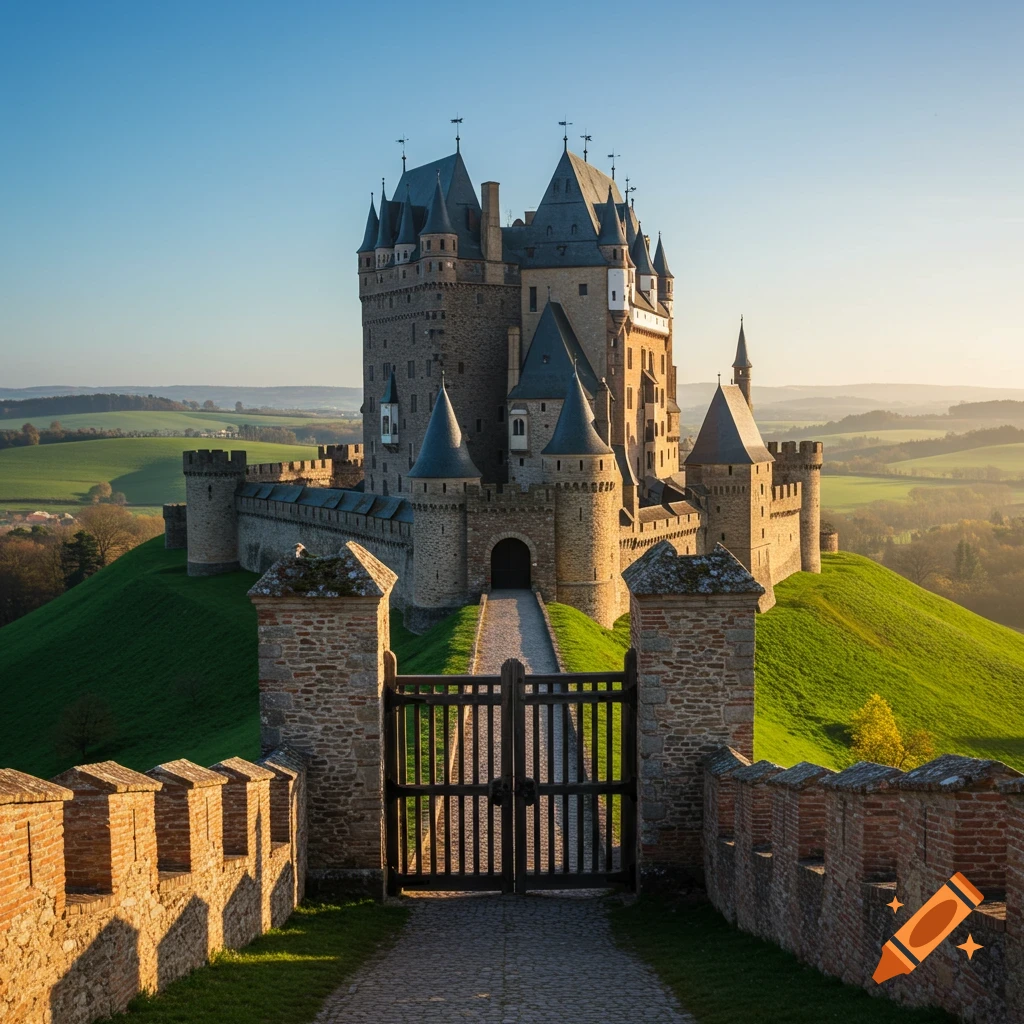 A photorealistic medieval castle stands on a green hill with a path leading to its gate under a clear sky.