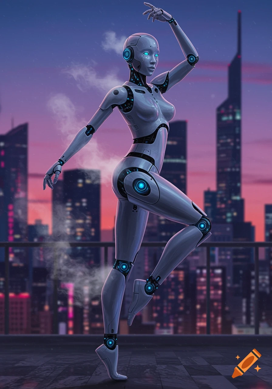 A silver robotic woman in a ballet pose on a rooftop against a vibrant pink and purple sunset city skyline.