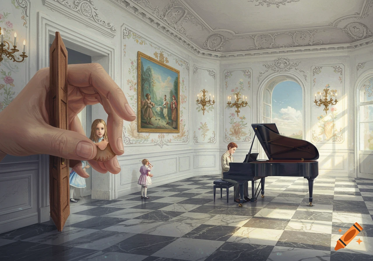 Giant hand holding a tiny door as small Alice peeks into an elegant room with a piano player and a checkerboard floor.