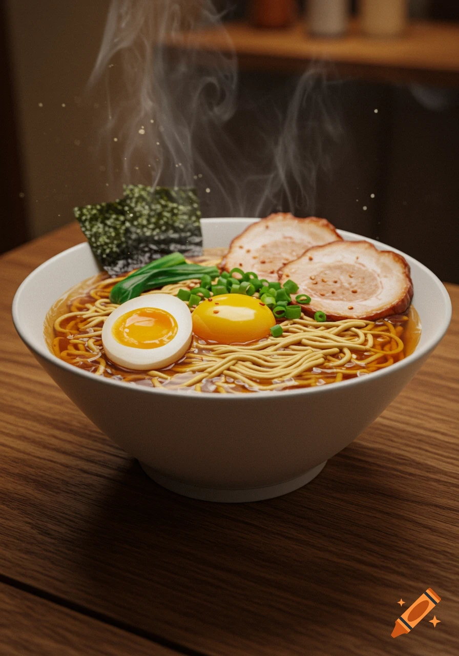 A steaming bowl of ramen noodles with sliced pork, a soft-boiled egg, a raw egg yolk, green onions, and seaweed on a wooden table.