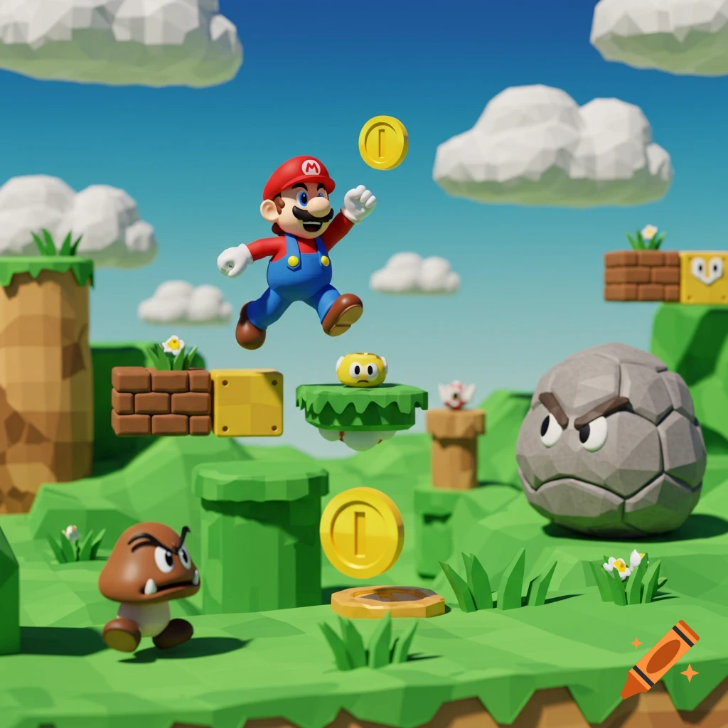 Super Mario jumping on a green, blocky landscape with coins, Goombas, and Thwomps, rendered in a low-polygon 3D style.