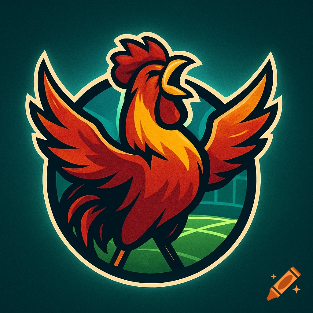 A stylized red and orange rooster logo with spread wings and open beak, set against a circular background with a green football field.