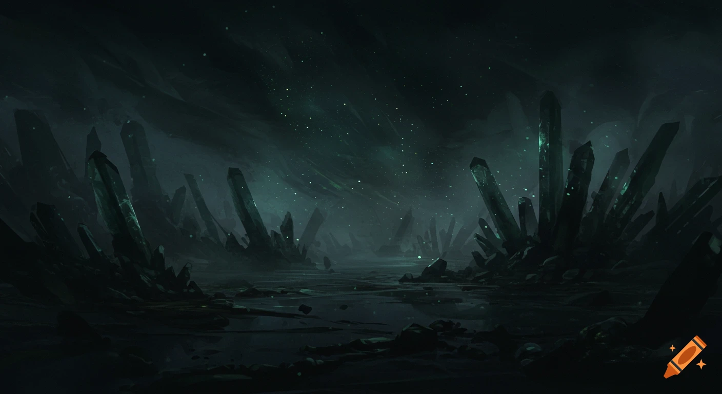 A dark, misty alien landscape filled with tall, glowing green crystals under a starry sky, digital art.