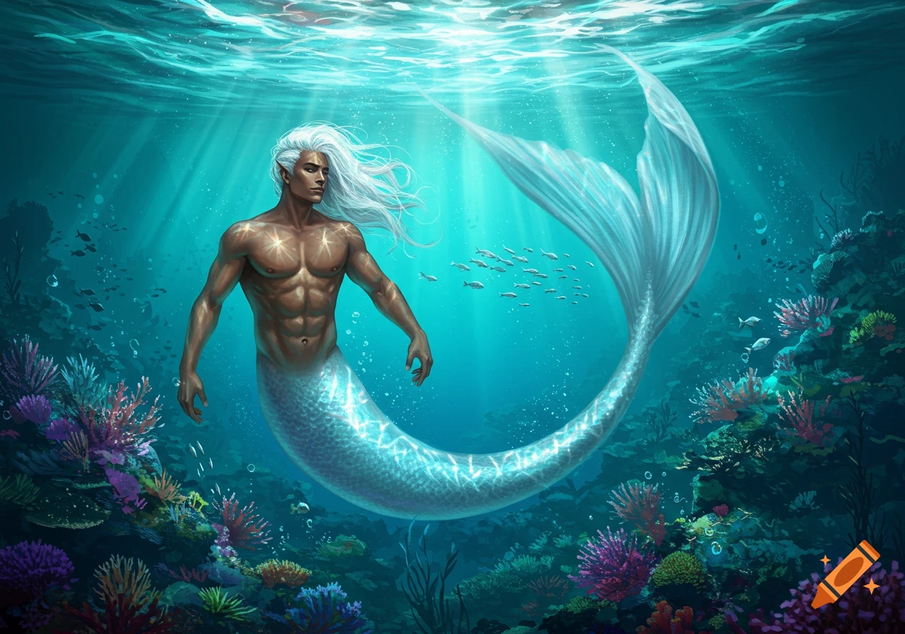 A merman with olive skin, toned body, and long white hair swims in a vibrant underwater coral reef with fish and sunlight streaming down.